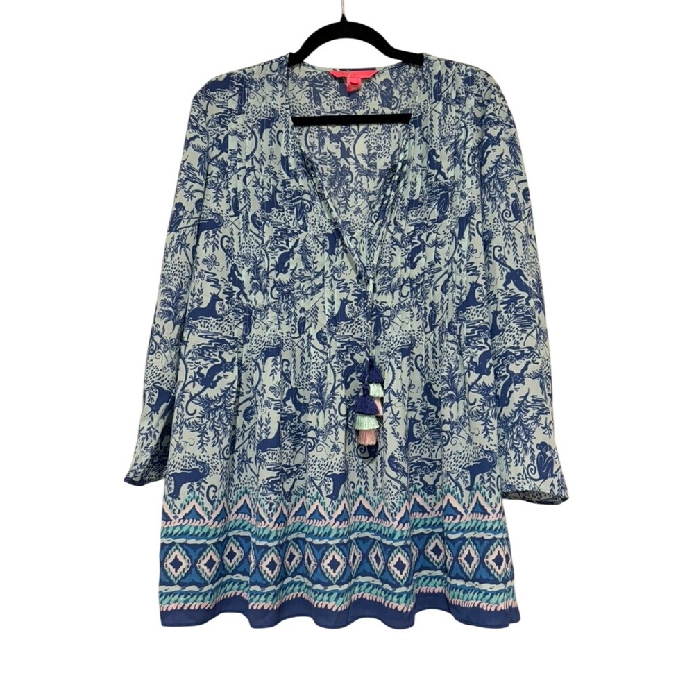 Lily Pulitzer sz L blue floral boho style long sleeve blouse OO - Picture 2 of 3